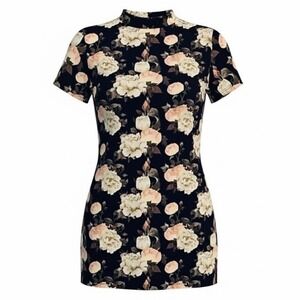 DICE SOFT BLACK FLORAL ROSE PRINTED MINI SHIRT DRESS‎ MOCK NECK KEYHOLE SIZE XL